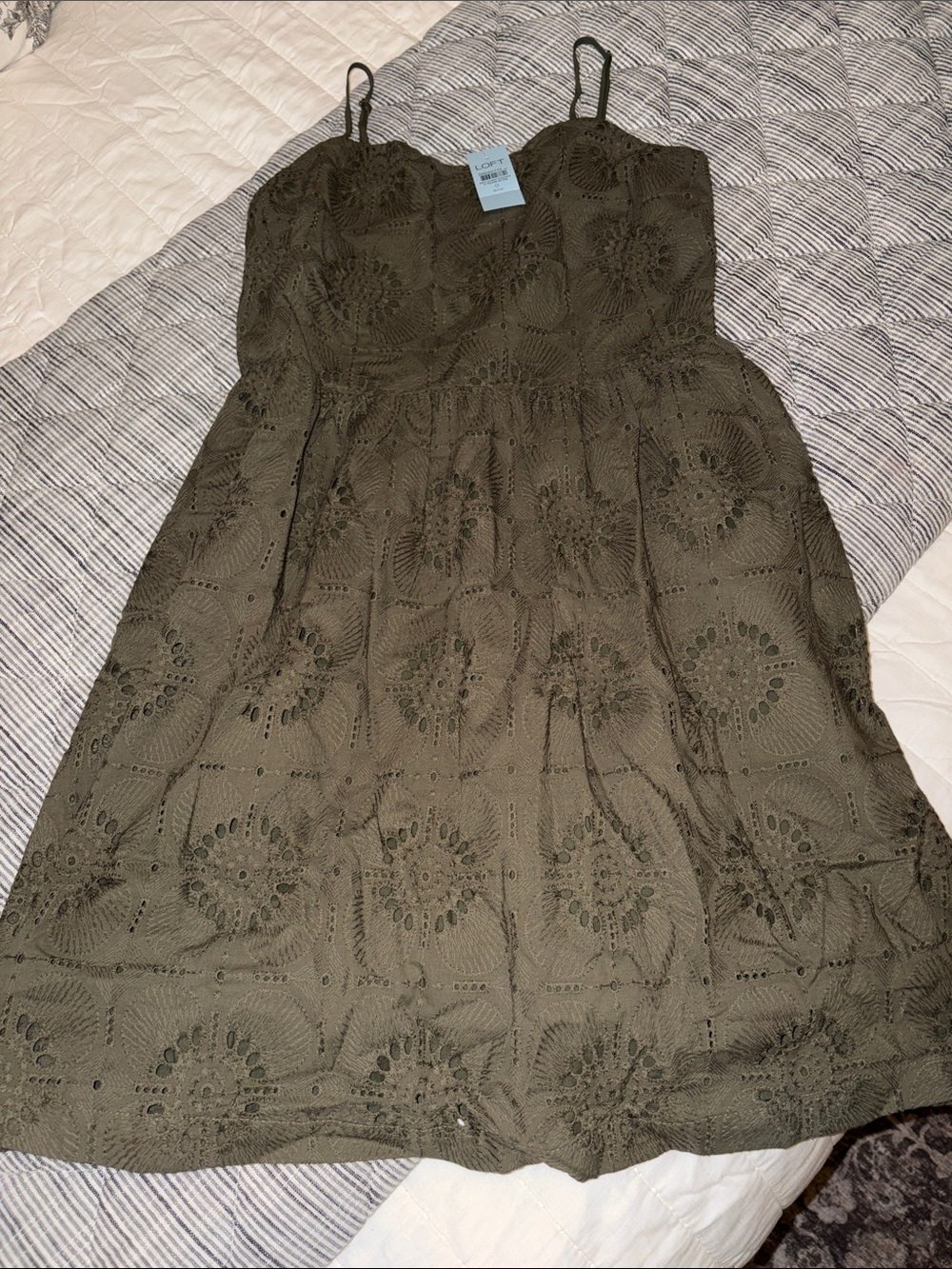 NWT LOFT Olive Green Eyelet Spaghetti Strap Mini Dress